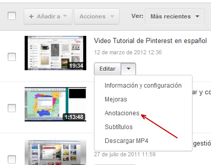 Editor de vídeo Anotaciones en YouTube