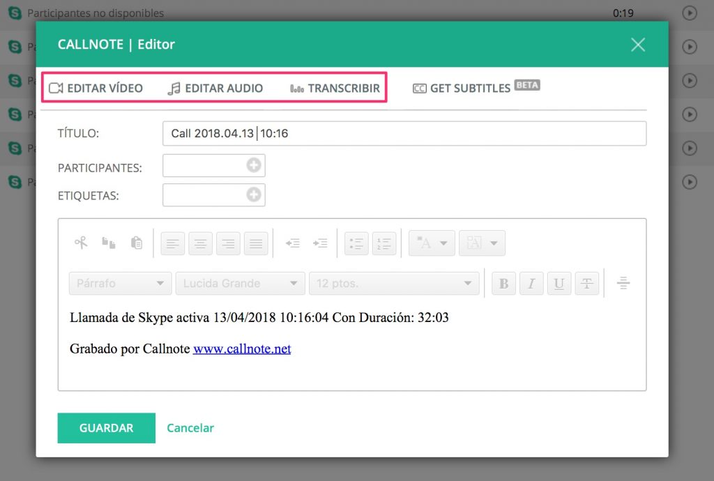 editar video llamada call note transcribir texto