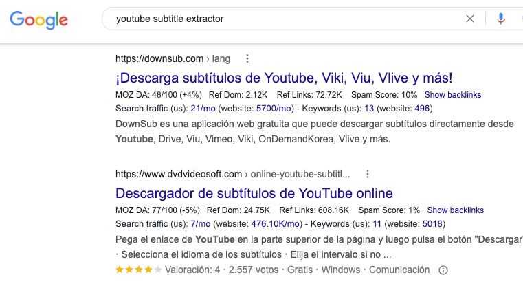 busqueda en google extractor de subtitulos youtube