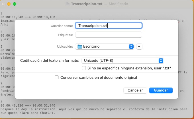 crear archivo .srt en mac