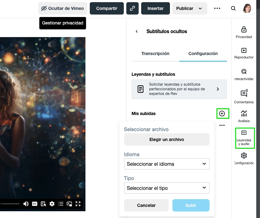 subir archivo srt subitulos a vimeo