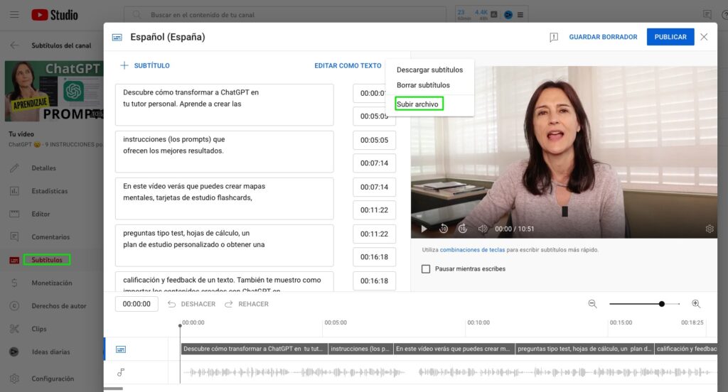 subir archivo .srt a subitulos youtube