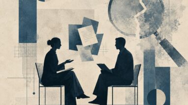 Dos personas conversan sobre un trabajo frente a una lupa rota, imagen de la evaluación en tiempos de IA sin detectores